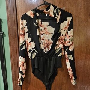 SHEIN Black Floral Deep V-Neck Long Sleeve Bodysuit with Peach Blooms